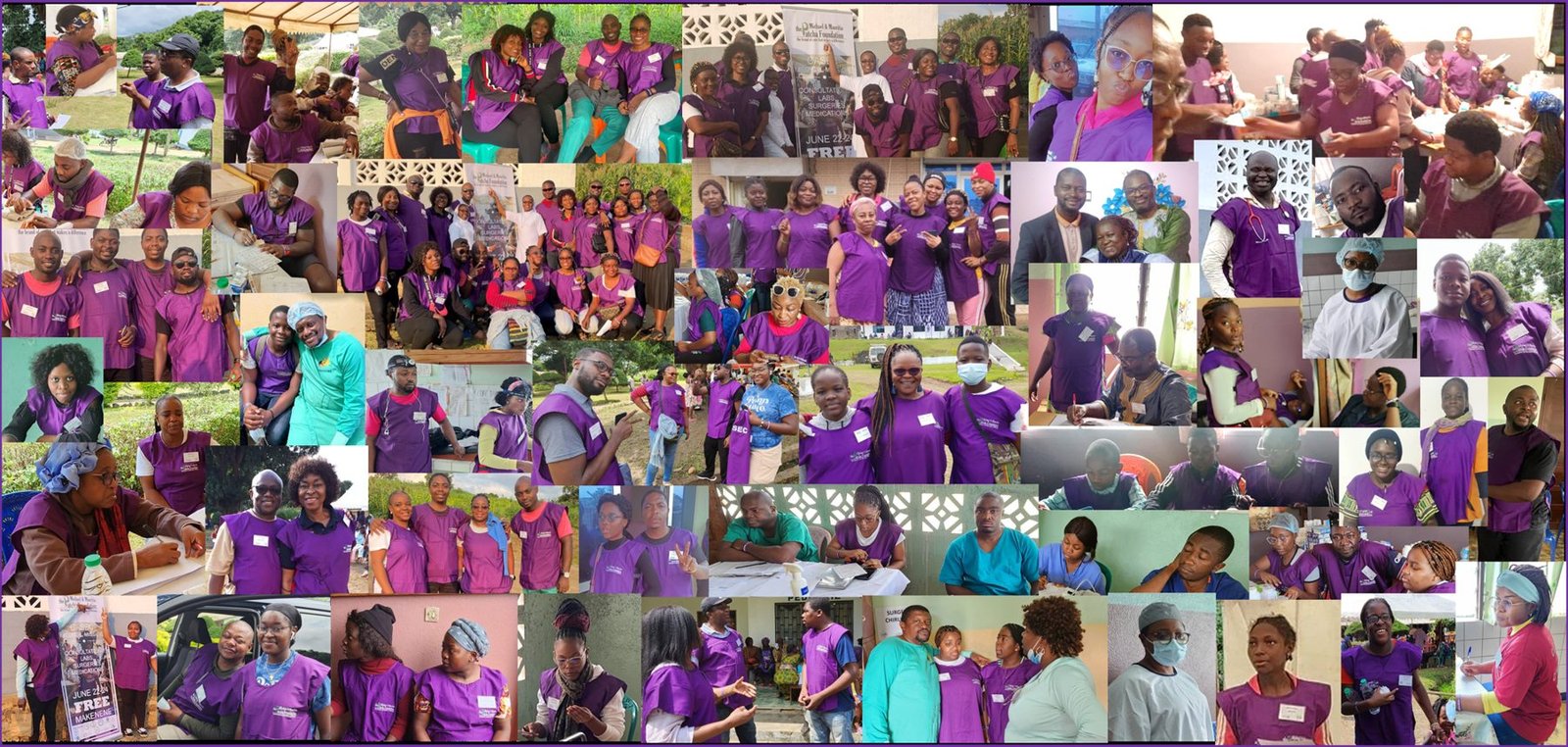 A collage of the 2023 volunteers in purple shirts