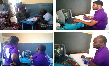 Four views of a volunteer performing ultrasound scans