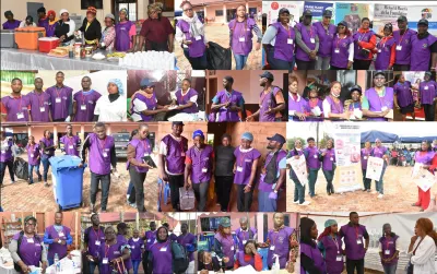 A collage of the Santa volunteers in purple shirts