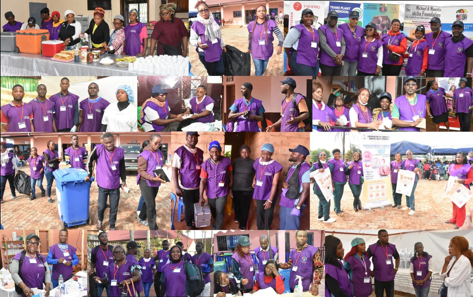 A collage of the Santa volunteers in purple shirts