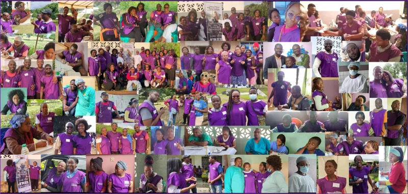 A collage of the 2023 volunteers in purple shirts