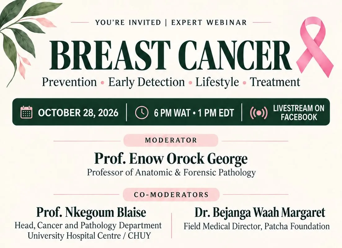 Breast cancer expert webinar flyer: 28 October 2026, 6 PM WAT, 1 PM EDT, livestream on Facebook