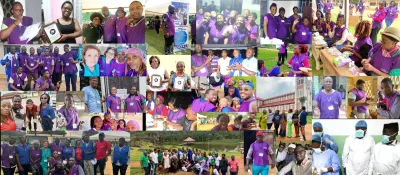 A collage of the 2024 volunteers in purple shirts at work and together