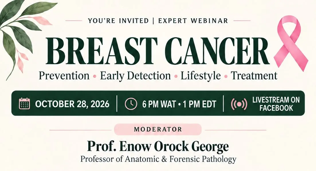 Breast cancer expert webinar flyer: 28 October 2026, 6 PM WAT, 1 PM EDT, livestream on Facebook